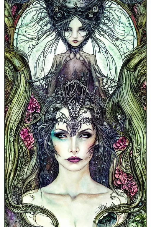 Image similar to dark fairy queen closeup face surrounded by floral frame, art by luis royo and walter crane and kay nielsen, watercolor illustration, sharp focus