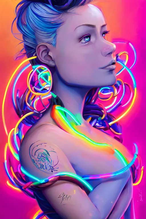 Image similar to a award winning full body portrait of a beautiful woman with stunning eyes in a one off shoulder croptop and cargo pants with rainbow colored hair, outlined by whirling illuminated neon lines and fine lines swirling in circles by jesper ejsing and rhads and makoto and shinkai and lois van baarle, digital art, trending on artstation