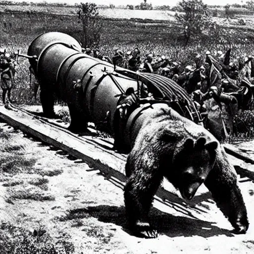 Prompt: a picture of a enormous bear pulling a towed heavy canon behind his back like a chariot, eastern front, historical picture