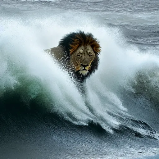 Image similar to a lion's face breaching through a wave, stormy weather