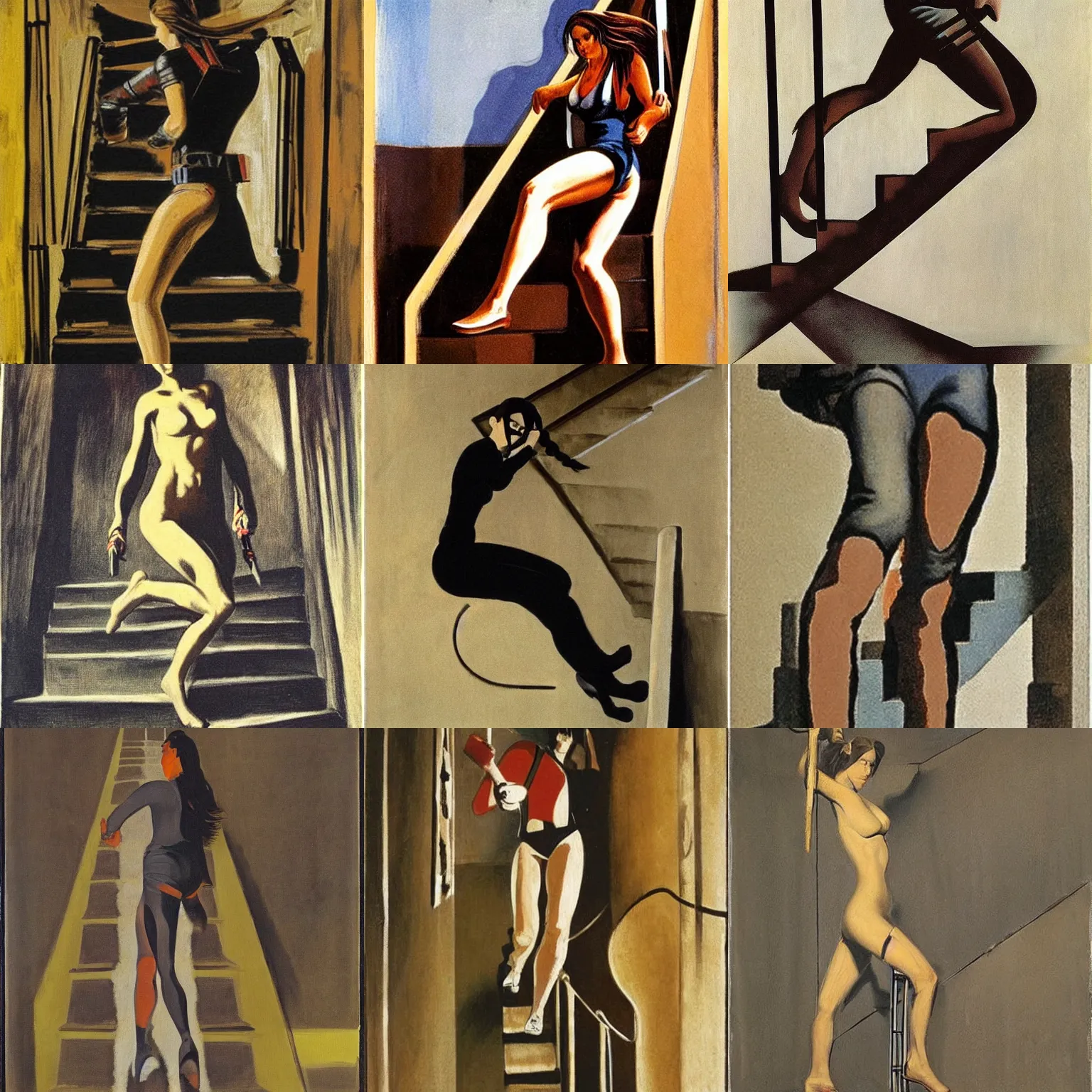 Prompt: lara croft descending a staircase, no. 2 by marcel duchamp, painting, ( 1 9 1 2 )