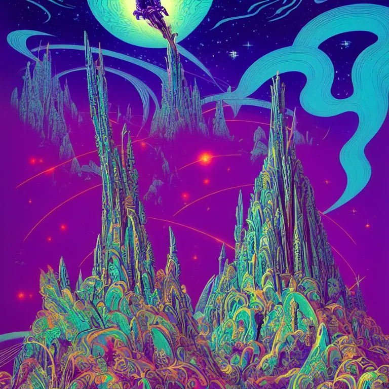 Image similar to mysterious rocket hovers over mythical crystal temple, psychedelic fractal waves, synthwave, bright neon colors, highly detailed, cinematic, eyvind earle, tim white, philippe druillet, roger dean, ernst haeckel, lisa frank, aubrey beardsley