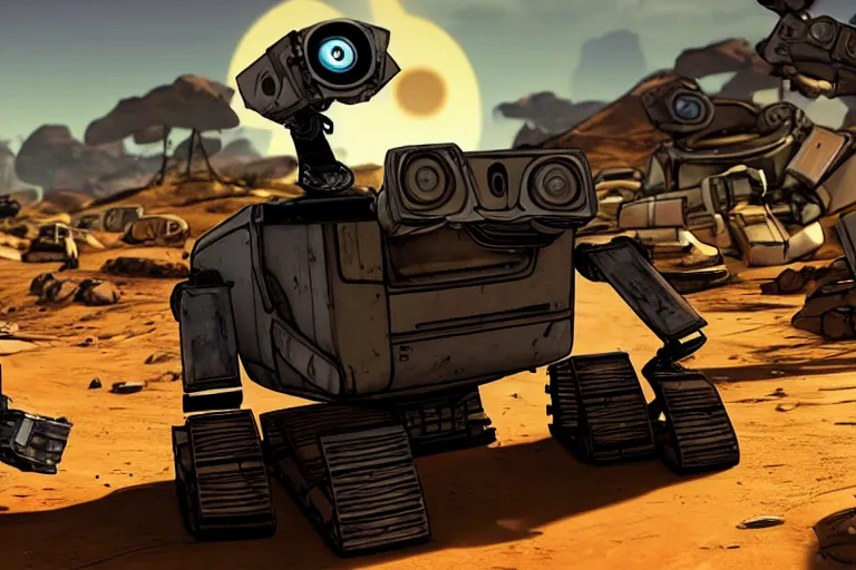 Image similar to wall - e in borderlands style game, heavy detailed, ultra high definition quality, borderlands game engine graphics