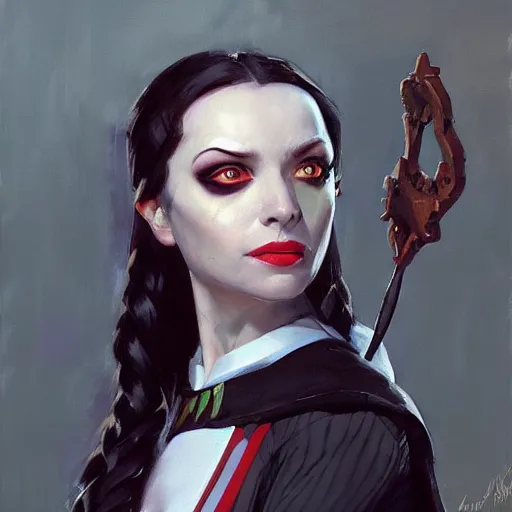 Image similar to greg manchess portrait painting of partially armored wednesday from addams family as overwatch character, medium shot, asymmetrical, profile picture, organic painting, sunny day, matte painting, bold shapes, hard edges, street art, trending on artstation, by huang guangjian and gil elvgren and greg rutkowski