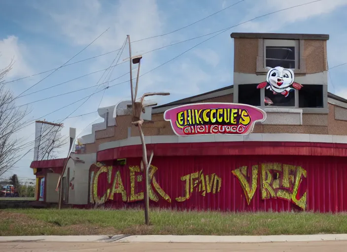 Prompt: the outside of the building for a circus themed Chuck E. Cheese’s play place. It’s permanently shut down, abandoned, Wisconsin, out of business Chuck E. Cheese building, got shut down because the mascot scared kids