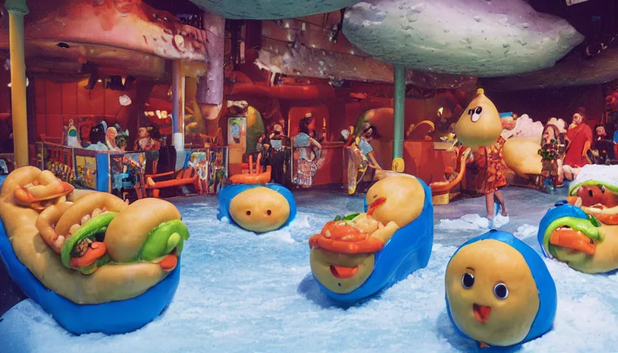 Prompt: 1990s photo of inside the Slime Friends Snow Potato Show ride at Universal Studios in Orlando, Florida, riding a hotdog through a dinner plate world, cinematic, UHD