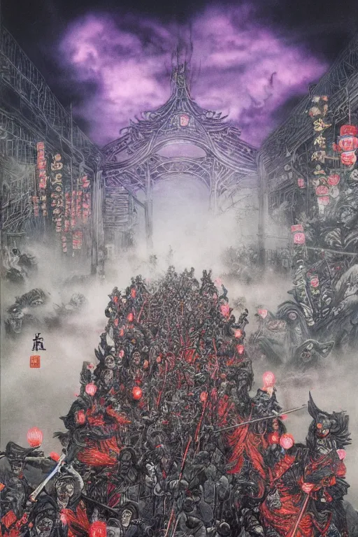 Image similar to 中 国 鬼 节, long procession of the dead is queuing up on the naihe bridge. comic book, psychedelic lights and fog, zdzislaw, ayami kojima, yamamoto, barclay shaw, karol bak, hyperrealist, 8 k