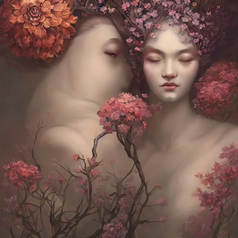 Image similar to breathtaking detailed concept art painting art deco portrait of gaea the goddess amalgamation flowers, by hsiao - ron cheng, bizarre compositions, exquisite detail, extremely moody lighting, 8 k