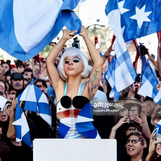 Image similar to Lady Gaga as president, Argentina presidential rally, Argentine flags behind, bokeh, giving a speech, detailed face, Argentina