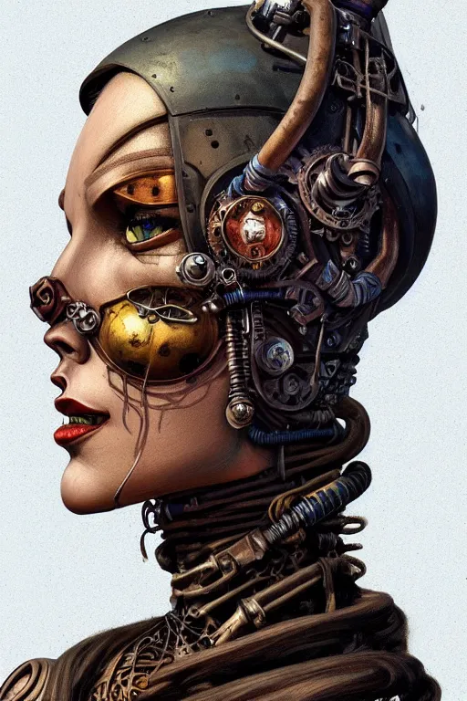 Prompt: sideview face portrait of a steampunk desert empress. by vincent di fate, james jean, dom qwek. inspired by igor goryunov andrei riabovitchev. madmax aesthetics. atmospherical, photorealistic retrofuturist concept art, trending on art station, cinematic, ultra detailed