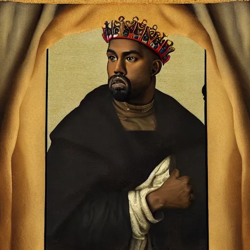 Image similar to a renaissance style portrait painting of kanye west as a king