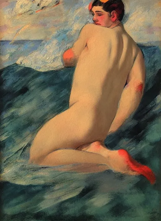 Prompt: vintage beautiful painting of a gay merman fully covered looking with the back at the sea sitting on a white pearl in Mary Cassatt style