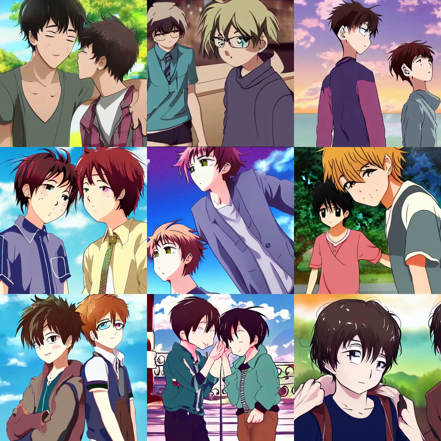 Prompt: two boys fall in love, anime, animated