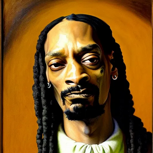 Prompt: high quality celebrity painting of rap artist snoop dog smoking, by the old dutch masters, marijuana leaf background, rembrandt, hieronymous bosch, frans hals