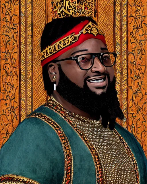 Image similar to HD medieval portrait painting of T-Pain as a medieval Moroccan sultan.