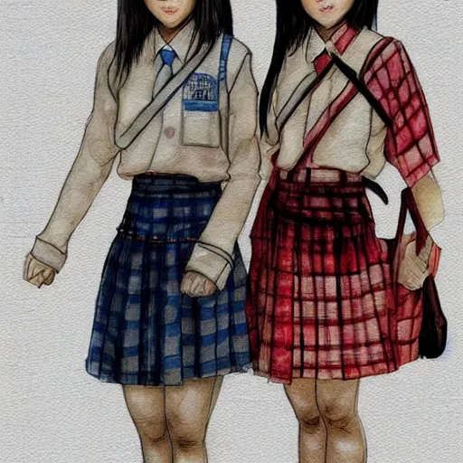 Prompt: a perfect, realistic professional digital sketch for a movie, two Japanese schoolgirls posing, in style of Marvel, full length, by pen and watercolor, by a professional American senior artist on ArtStation, a high-quality hollywood-style sketch, on high-quality paper