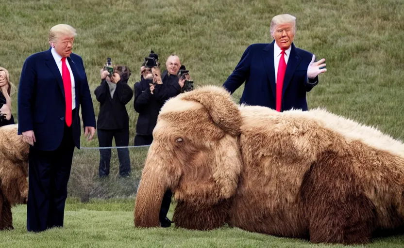 Image similar to Donald Trump in a baby mammoth costume , with an open face