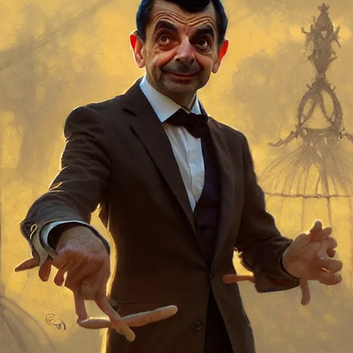 Image similar to Mr Bean playing soccer, D&D, fantasy, intricate, elegant, highly detailed, digital painting, artstation, concept art, matte, sharp focus, illustration, art by Artgerm and Greg Rutkowski and Alphonse Mucha