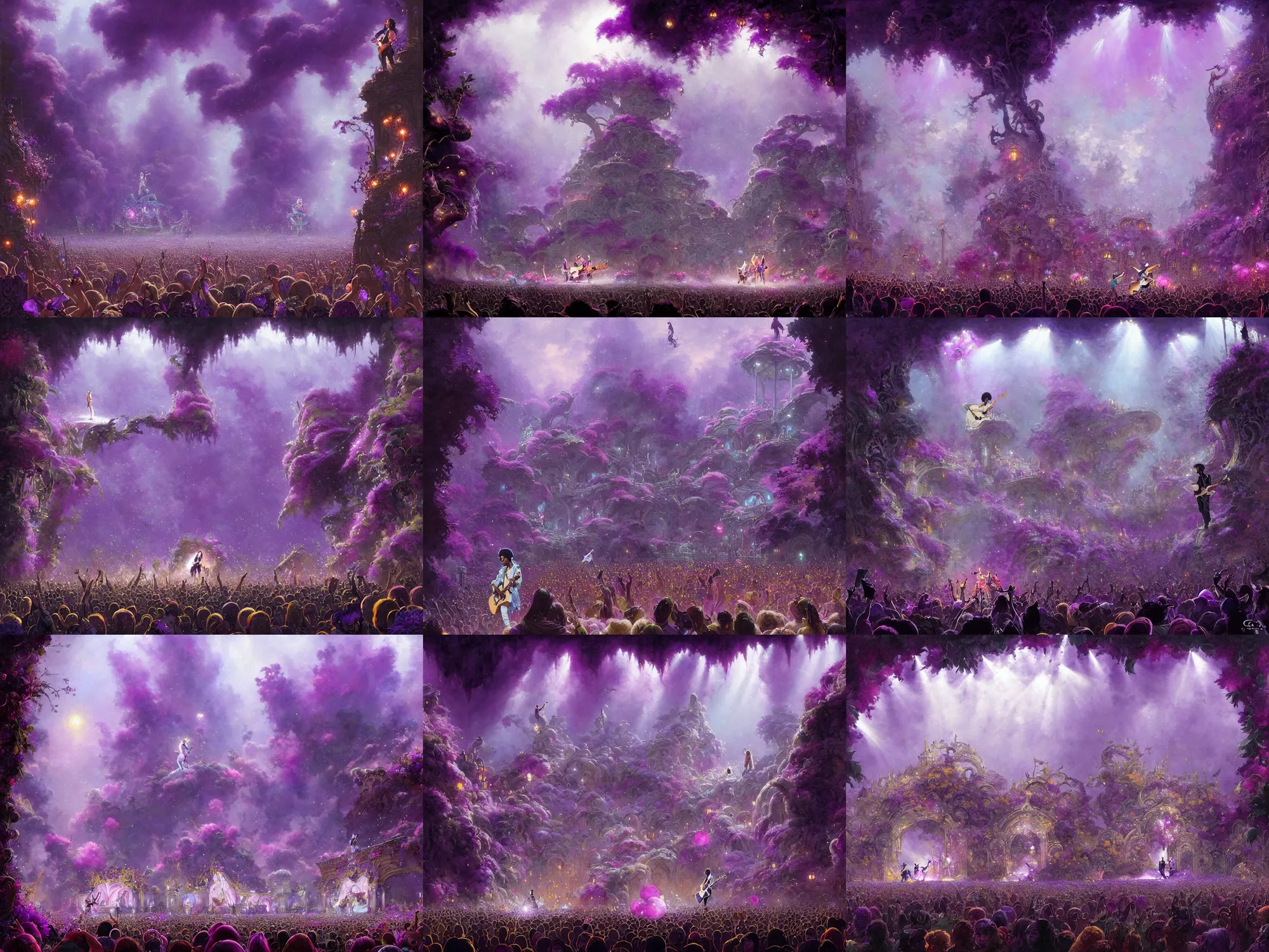 Prompt: prince playing his guitar in the purple rain to a very large audience with floral decoration on stage and the crowd going wild, fantasy art by greg rutkowski, loish, ferdinand knab, and lois van rossdraws