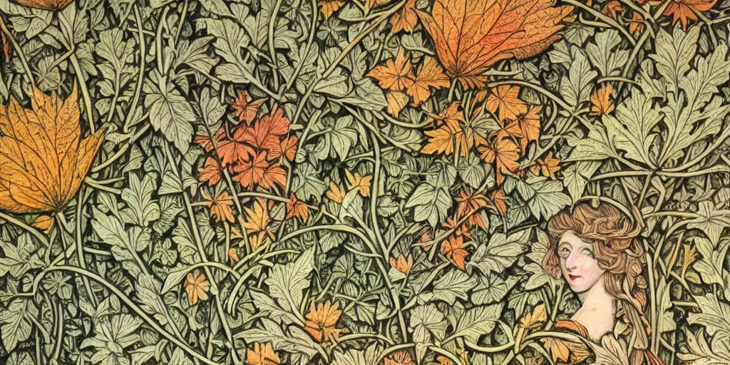 Image similar to breathtaking detailed concept art painting of goddesses of autumn, vintage illustration pattern with bizarre compositions blend of plants and stems and leaves by william morris, exquisite detail, extremely moody lighting, 8 k