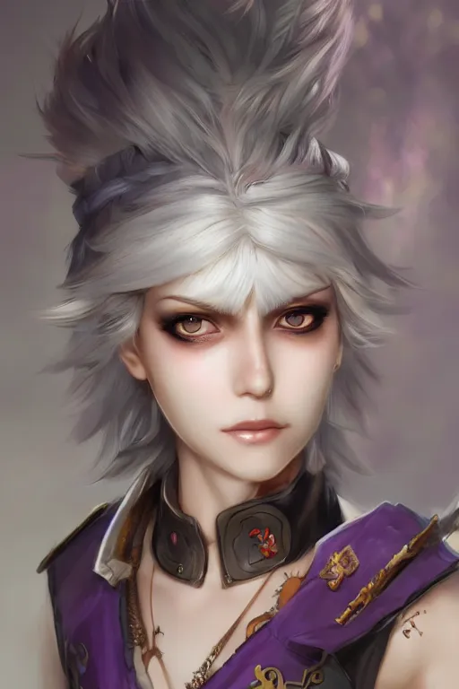 Image similar to A realistic anime portrait of a short white haired female rogue wearing an intricate pirate outfit, middle eastern, purple eyes, digital painting, by Stanley Artgerm Lau, Sakimichan, WLOP and Rossdraws, digtial painting, trending on ArtStation, SFW version