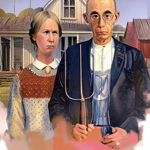 Prompt: the american gothic painting, highly detailed, digital painting, artstation, concept art, smooth, sharp focus, by Henri Matisse
