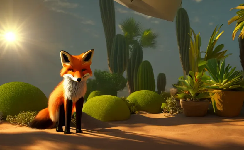 Image similar to a fox in a dessert oasis. daylight. sunlight. lens flare. light fixtures. aetherpunk. 8K. detailed. photorealism. artstation. 35mm. ultra realistic