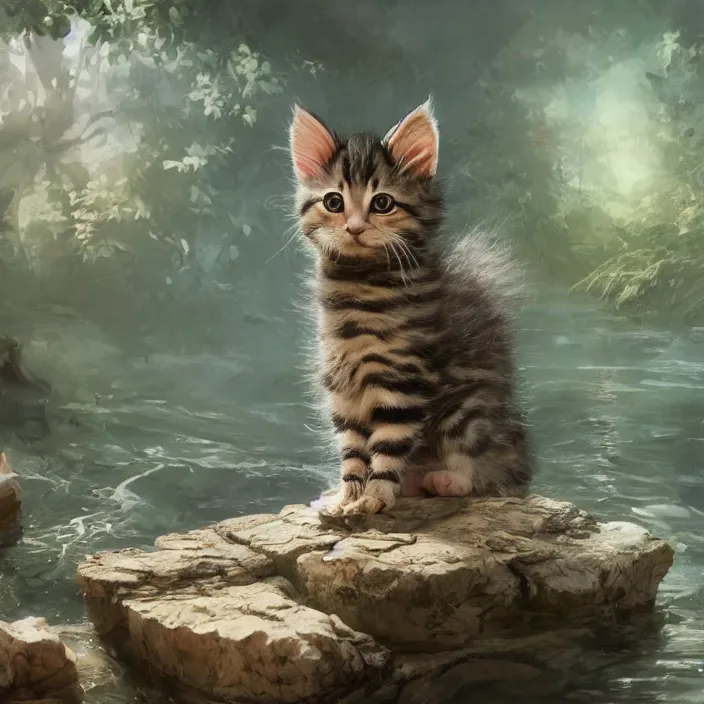 Image similar to a highly detailed painting of a cute kitten at a river. character design by cory loftis, fenghua zhong, ryohei hase, ismail inceoglu and ruan jia. volumetric light, detailed, rendered in octane