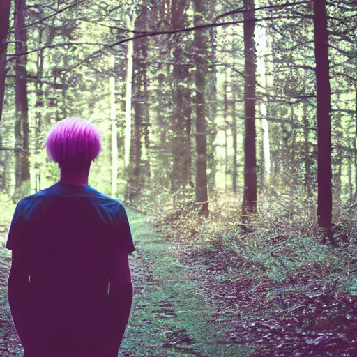 Prompt: kodak portra 4 0 0 photograph of a skinny blonde guy standing in dark forest on a glowing path, back view, flower crown, moody lighting, telephoto, 9 0 s vibe, blurry background, vaporwave colors, faded!,