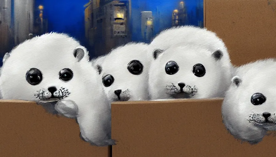 Image similar to highly detailed painting of cute furry white baby seals cuddled up in a cardboard box in a dystopian cyberpunk street by william turner, thick brush strokes and visible paint layers, 4 k resolution, blue and white colour scheme