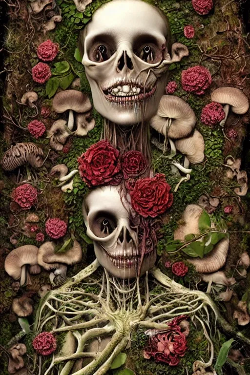 Image similar to beautiful and detailed rotten woman corpse becoming almost a skull with face muscles, veins, arteries, fractal plants and fractal flowers and mushrooms growing around, intricate, ornate, surreal, ray caesar, john constable, guy denning, dan hillier