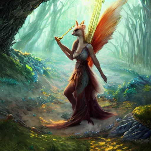 Image similar to Fearie Fox Anthropomorphized, playing Harp in magical forest, magic the gathering artwork, D&D, fantasy, cinematic lighting, centered, symmetrical, highly detailed, digital painting, artstation, concept art, smooth, sharp focus, illustration, volumetric lighting, epic Composition, 8k, art by Akihiko Yoshida and Greg Rutkowski and Craig Mullins, heroic pose, oil painting, cgsociety