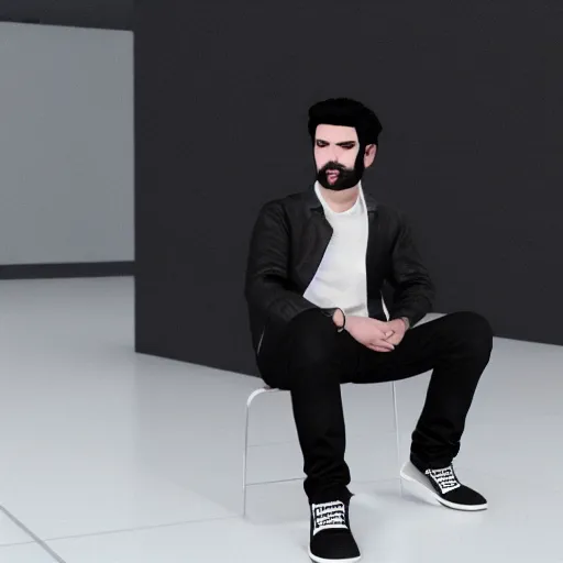 Image similar to a man with black hair and beard, wearing a black jacket, white shirt and jeans, sitting in an empty white room, devastated, rendered in unreal engine