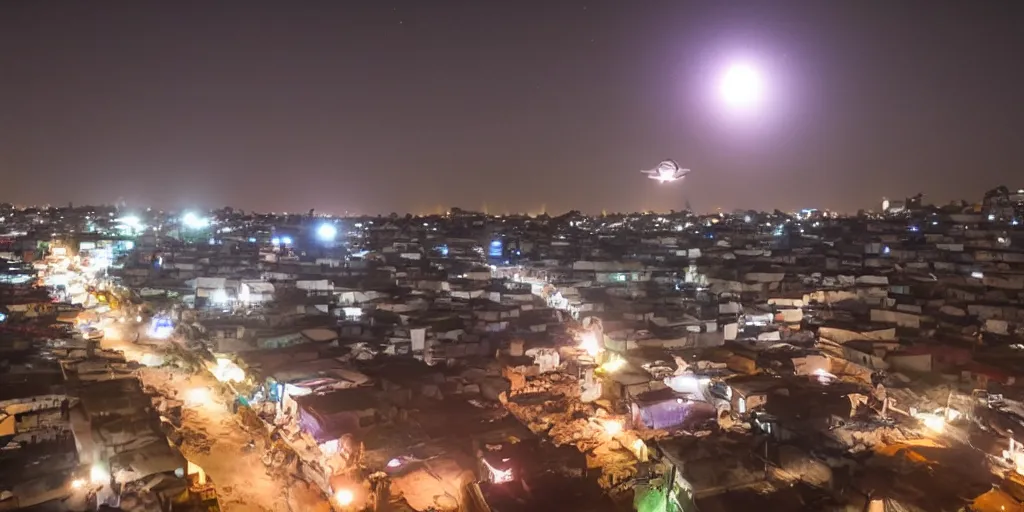 Prompt: UFO seen over Ajegunle slums of lagos, night time,