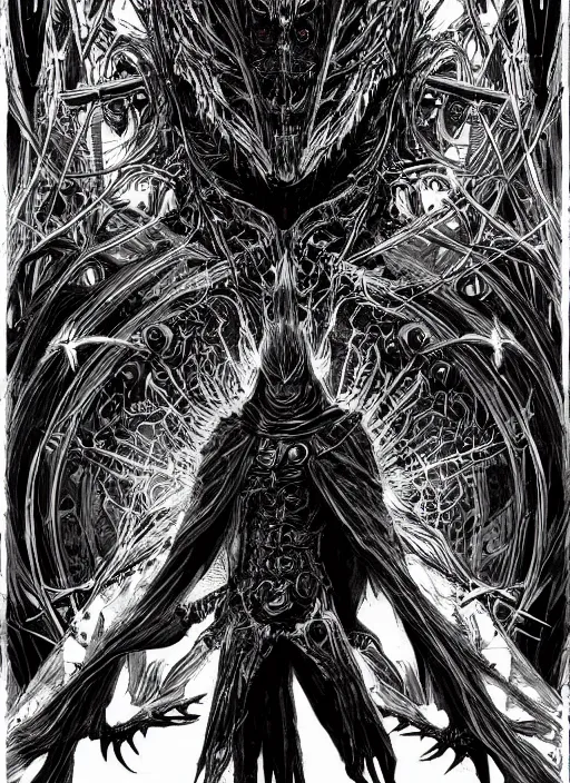 Prompt: Full Art Illustration, Full Body Portrait, black and white, manga, dark RA face illustration, symmetrical, evil, chaos, hypermaximalist, ornate, horror, by Tsutomu Nihei, detailed, intricate ink illustration, symmetry, bloodborne