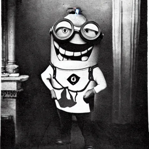 Image similar to A high quality black and white photo of the world's most infamous, serial killer, a minion named Minion the Ripper, shortly after claiming his last victim circa 1892.