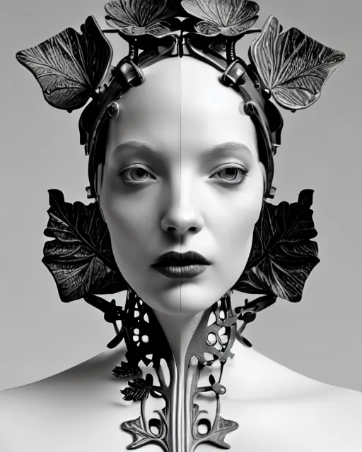 Image similar to monochrome 3 d model, 1 9 4 0 picture, floral metal steampunk biomechanical beautiful young female cyborg with porcelain profile face and a techno eye, volumetric light, leaves foliage and stems, hibiscus flowers, sinuous fine roots, fine foliage lace, alexander mcqueen, rim light, big gothic fashion pearl embroidered collar, octane render, 8 k