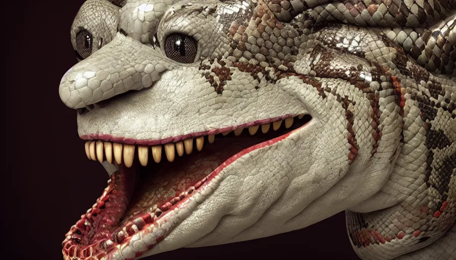 Image similar to hybrid of a happy snake and sad clown, beautiful detailed face, ultra realistic, concept art, intricate details, serious, highly detailed, photorealistic, octane render, 8 k, unreal engine.