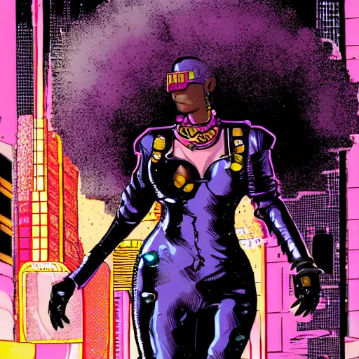 Prompt: afrofuturist woman walking down the busy street wearing gold jewelry, cyberpunk, far shot, retro comic art style, pastwl