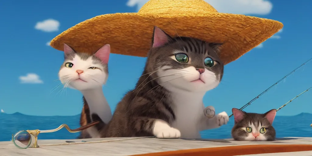 Image similar to a wholesome animation key shot of a cute cat on a fishing boat wearing a sunhat, studio ghibli, pixar and disney animation, sharp, rendered in unreal engine 5, anime key art by greg rutkowski, bloom, dramatic, dynamic lighting