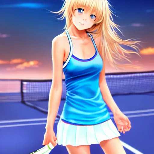Image similar to a very beautiful young anime tennis girl, full body, long wavy blond hair, sky blue eyes, full round face, short smile, bikini, miniskirt, front view, medium shot, mid - shot, highly detailed, cinematic wallpaper by stanley artgerm lau