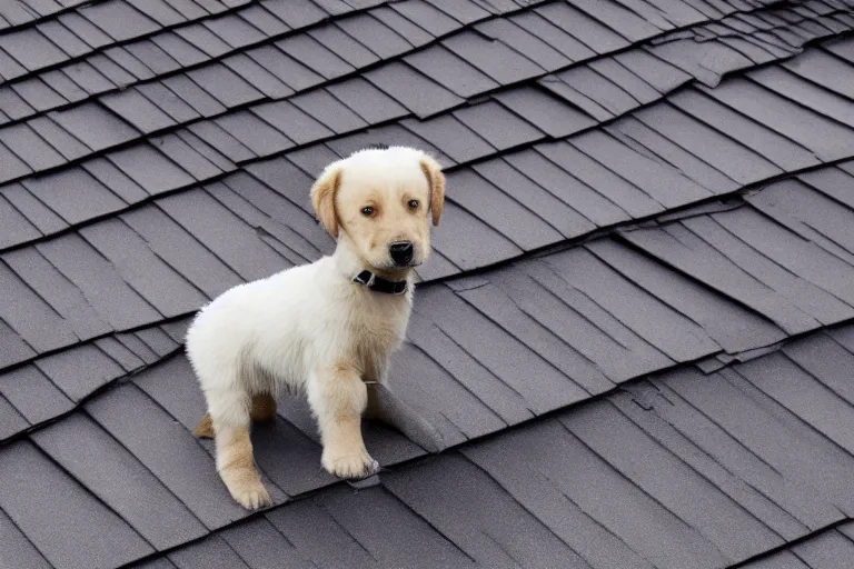 Image similar to a dramatic photo of a puppy standing at the edge of a roof