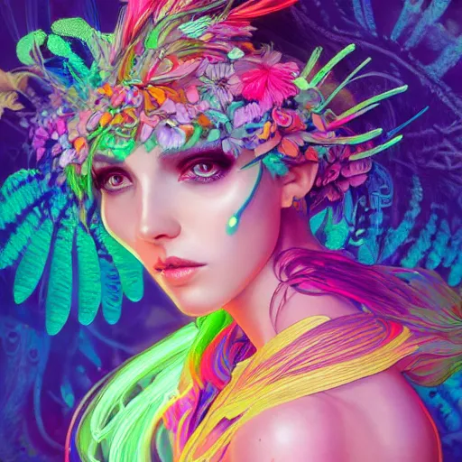 Prompt: a photograpic portrait of a anthropomorphic mimosa wearing colorful neon clothes, fantasy, intricate, elegant, highly detailed, digital painting, artstation, concept art, smooth, sharp focus, illustration, art by artgerm and H R Giger and alphonse mucha