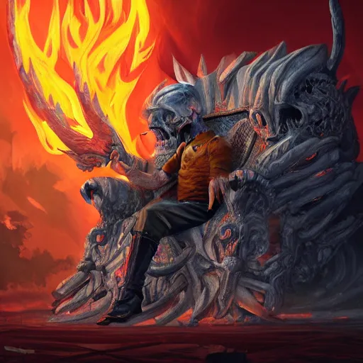 Image similar to Joe Biden sitting on a throne of skulls surrounded by fire, digital painting, highly detailed, trending on Artstation