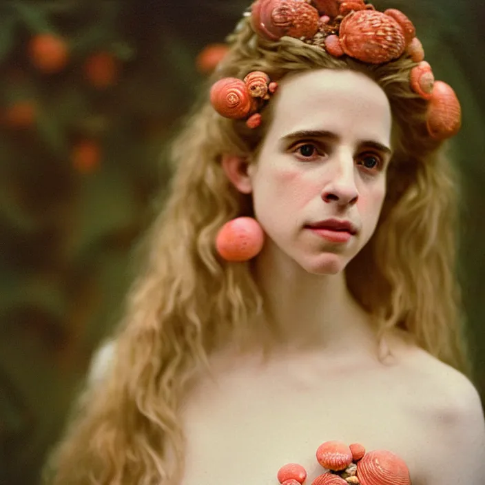 Image similar to Kodak Portra 400, 8K, soft light, volumetric lighting, highly detailed, brit marling style 3/4 ,portrait photo of a beautiful woman how pre-Raphaelites painter, n long elegant intricate ornamental ethereal coral and shells dress, natural skin tone, highly detailed realistic flowers ornament in the upper side of breast, bust with a long beautiful neck , long dark hair are intricate with highly detailed realistic coral and shells, elegant, Realistic, Refined, Highly Detailed, natural outdoor soft pastel lighting colors scheme, outdoor fine art photography, Hyper realistic, photo realistic