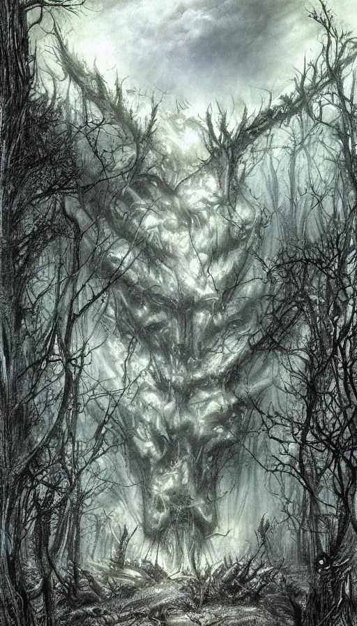 Image similar to a storm vortex made of many demonic eyes and teeth over a forest, by luis royo,
