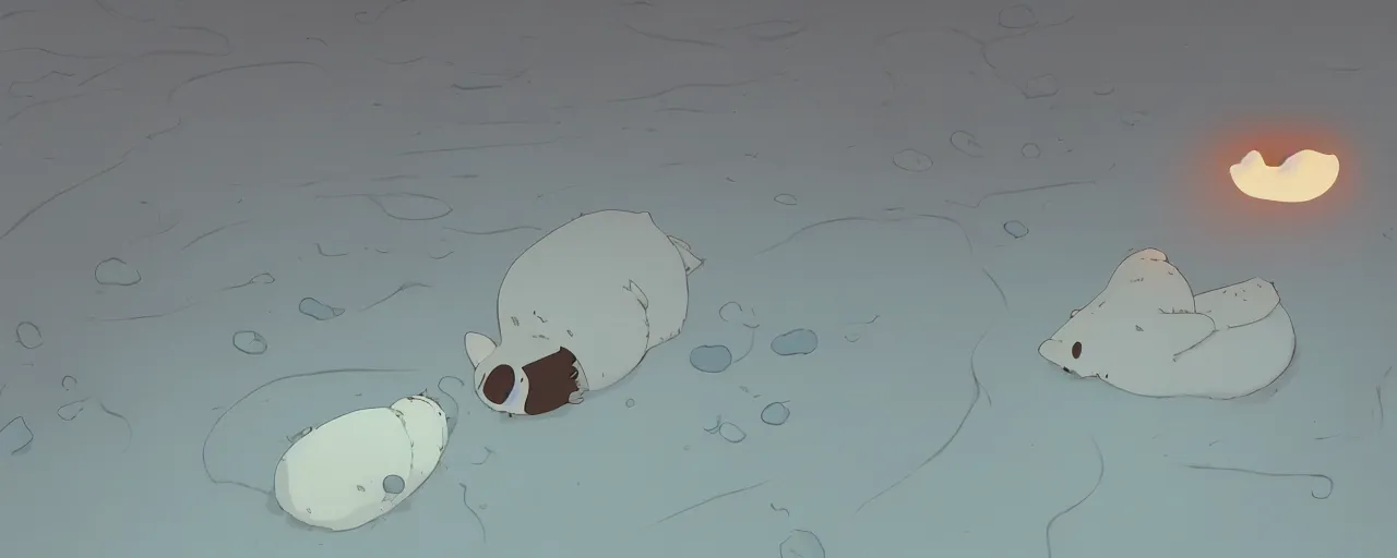 Image similar to a baby harp seal sinking into arctic ocean, atey ghailan, goro fujita, studio ghibli, rim light, scary lighting, clear focus, very coherent,