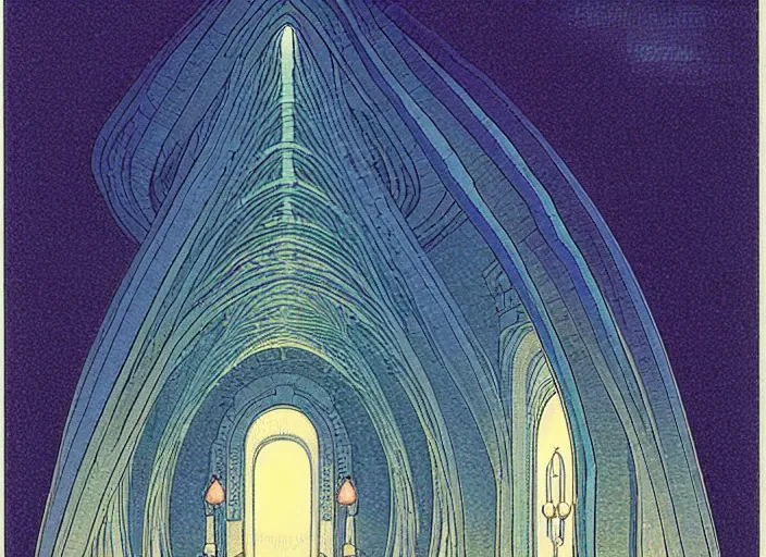 Prompt: a symmetrical!!! delicate mtg illustration by charles vess and kawase hasui of the glowing doorway to a massive vulva - shaped temple made of smooth organic architecture and floating in the astral plane and constructed of house - sized crystals and a bulb of the vestibule made of iridescent pearl