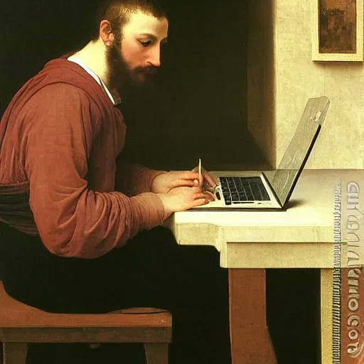 Image similar to an oil painting of an man playing a laptop, 1576 , by Bouguereau, highly detailed and intricate,