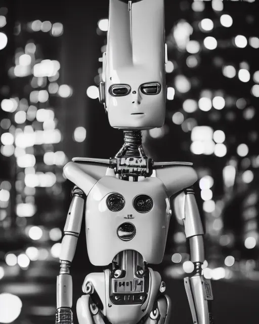 Image similar to high quality presentation photo of cara delevigne as a retro robot, photography 4k, f1.8 anamorphic, bokeh, 4k, Canon, Nikon